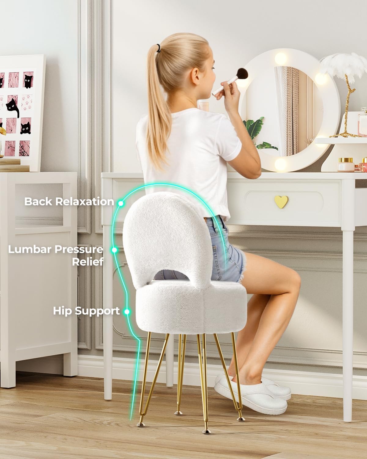 Small Vanity Stool Chair with Storage and Folding Back, 13" x 13" x 17.7" Faux Fur Soft Ottoman for Teenager, 4 Metal Legs with Anti-Slip Feet, Furry Padded Seat for Makeup, Bedroom, White