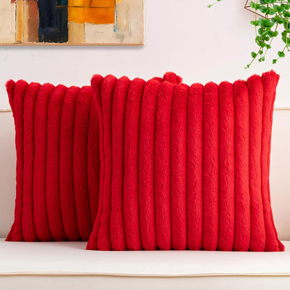 Pack of 2 Faux Fur Christmas Throw Pillow Covers 18x18 Inch, Soft Plush Striped Neutral Couch Pillow Cover, with Velvet Back Modern Home Decor for Sofa Living Room Couch Bed Cream White