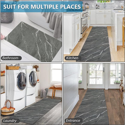Rug Custom Size-Rubber Non Slip Quick Dry Super Absorbent Thin Rugs Fit Under Door-Washable Bathroom Floor Mats for in Front of Bathtub,Shower Room,Sink, Gray Marble, 3' x 5'