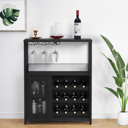 GAOMON Coffee Wine Bar Cabinet with Storage and Detachable Rack, Farmhouse Sideboard and Buffet Cabinet with Glass Holder and Mesh Door, Liquor Coffee Bar Cupboard, Black