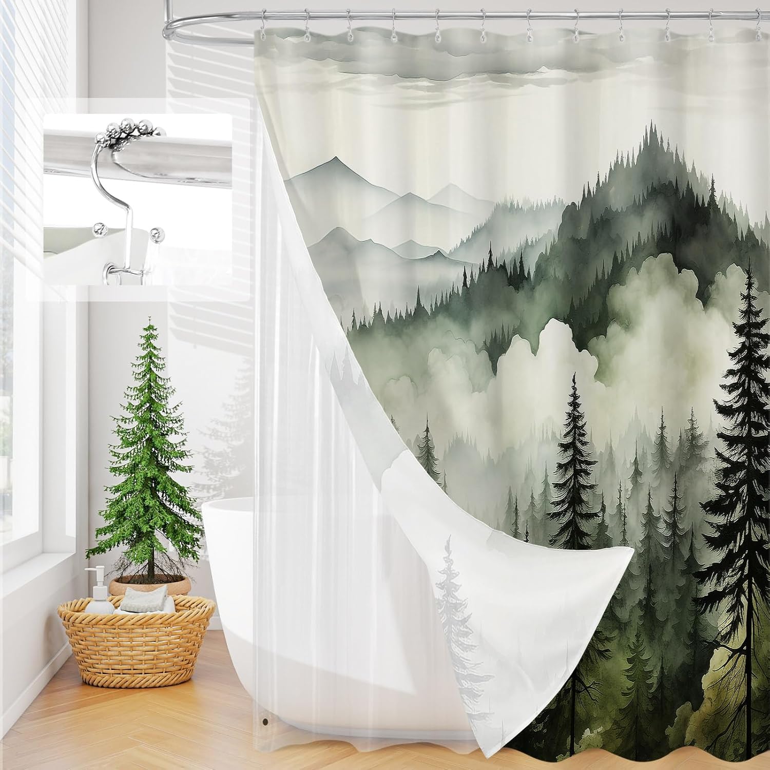 3 in 1 Shower Curtain Set, DarkGreen Misty Pine Forest Fabric Shower Curtain with PEVA Liner and Double Sided Hooks, Bathroom Curtain Waterproof 72x72