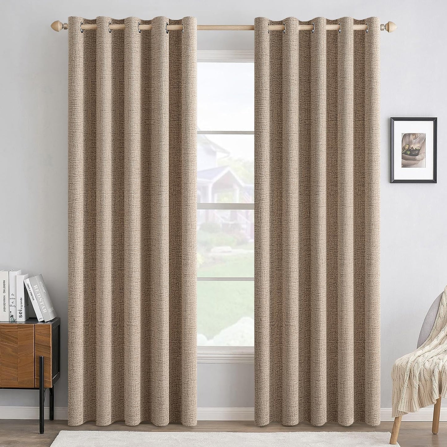 100% Blackout Linen Textured Curtains for Bedroom Solid Thermal Insulated Natural Beige Grommet Room Darkening Curtains & Drapes Luxury Decor for Living Room Nursery 52 x 84 Inch (2 Panels)