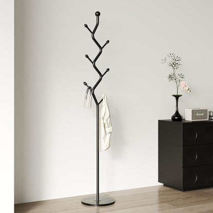 Tree Branch-Look Coat Rack Freestanding with 6 Hooks & Sturdy Marble base Metal Clothes Hanger Stand for Entryway/Mudroom/Bedroom/Hallway/Home Office (Matte black)