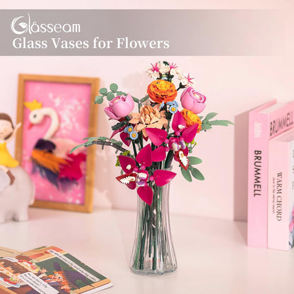 Glass Vase for Home Decor: Clear Flower Vases for Living Room Kitchen Bathroom Wedding Table Centerpieces - 7.5" Tall Modern Vintage Decorations for Bouquet Pampas Grass Lego Flowers