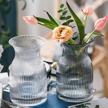 New 2026 Design Ribbed Glass Vase Wide - 8 Inch Tall Ribbed Vase for Wedding Reception, Home Decor, Housewarming Gift (Clear) Decorative Flower Vases - Bud Vase for Centerpieces Cylinder Vases