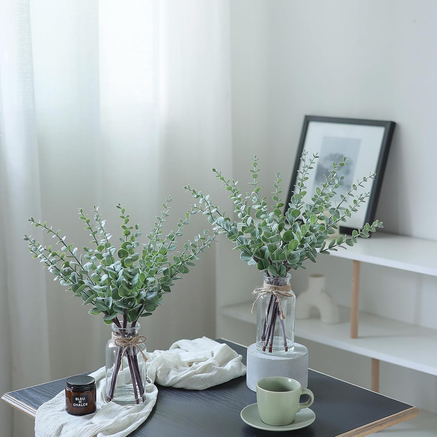 17.5" Artificial Eucalyptus Stems in Glass Vase with Faux Water,Fake Plant Eucalyptus Leaves White Seeds for Centerpiece Table Decorations Farmhouse Wedding Home Greenery Decor (Sage Green)
