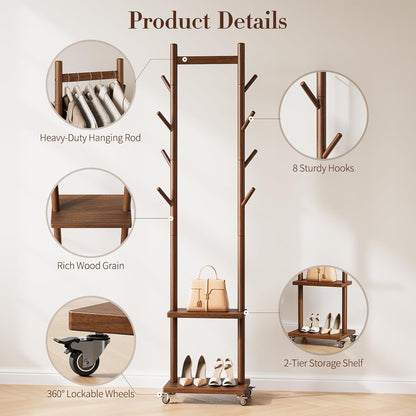 Solid Wood Coat Rack Freestanding - Rolling Clothes Rack with 8 Hooks & Shelves, Small Clothing Rack with Wheels, Heavy Duty Clothing Racks for Hanging Clothes, Portable Hall Tree for Entryway
