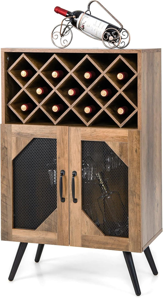 Giantex Farmhouse Wine Bar Cabinet, 11 Bottles Rack, Buffet Cabinet with Storage, Industrial Kitchen Sideboard, Anti-Tipping Design, 2 Doors, Glass Holder, for Living Room (Brown & Black)