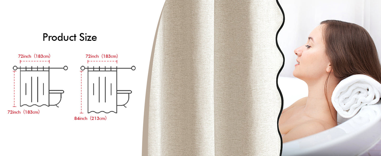 Beige Scalloped Shower Curtain Linen Textured with 12 Metal Hooks Cute Heavy Duty Washable Waterproof Neutral Thick Cloth Shower Curtains with Black Border for Bathroom Bathtub,W72*L72 Cream