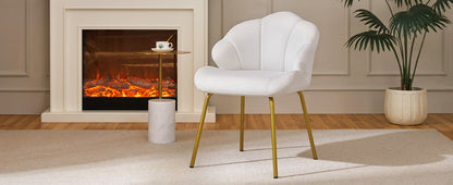 Vanity Chair, Velvet Accent Chair with Shell-Shaped Backrest, Modern Armchair with Gold Metal Legs for Dressing Room/Bedroom/Living Room, White