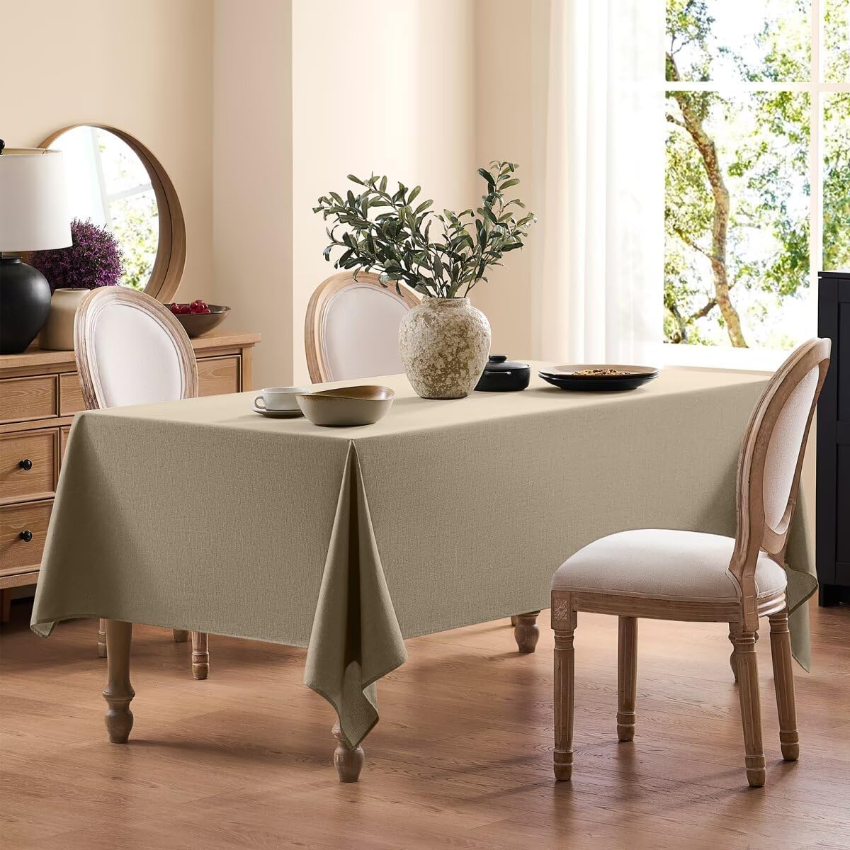 Faux Linen Tablecloths for Rectangle Tables, Burlap Textured Table Cloths Washable Farmhouse Table Cover Water Resistant for Dining, Wedding, Outdoor(Khaki, 52"×70")