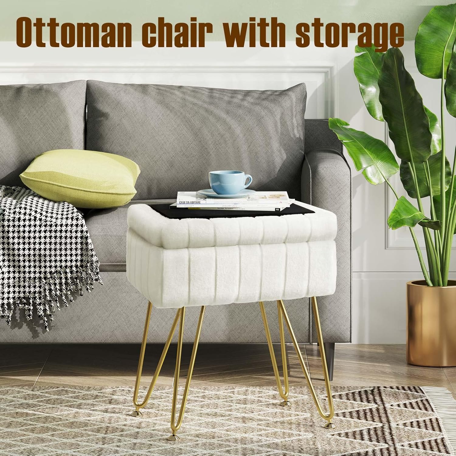 Vanity Stool Chair Faux Fur with Storage, 15.7"L x 11.8"W x 19.4"H Soft Ottoman 4 Metal Legs with Anti-Slip Feet, Furry Padded Seat, Modern Multifunctional Chairs for Makeup, Bedroom White