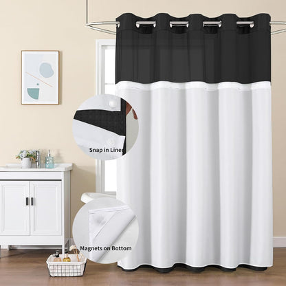 No Hook Waffle Shower Curtain with Snap in Fabric, Waterproof Shower Curtains with See Through Top Window, Hotel Luxury Heavy Duty Bathroom Curtain and Liner Set, 72'' x 75'', Black