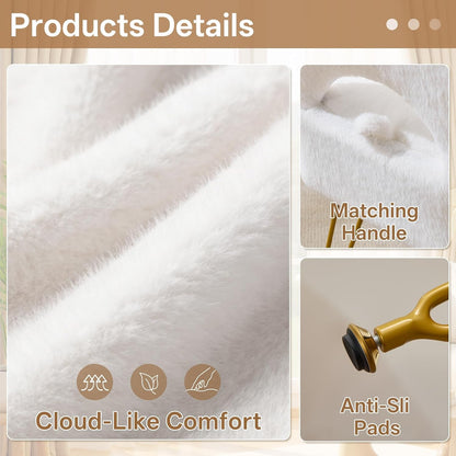 White Vanity Chair with Storage, Folding Back Faux Fur Vanity Stool, Makeup Ottoman with Gold Legs for Bedroom/Bathroom