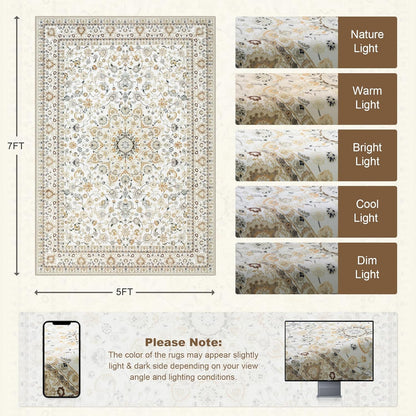5x7 Area Rugs Living Room Rug: Washable Vintage Boho Rug No Slip Stain Resistant Soft Carpet Indoor Floor Floral Large Carpets for Bedroom Dining Room Farmhouse Nursery Hallway Home Office Beige